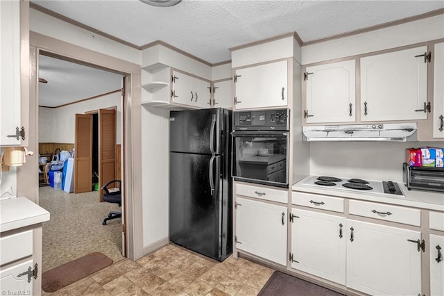 kitchen with white cabinetry, a textured ceiling, crown molding, and black appliances