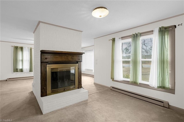 unfurnished living room with a baseboard radiator, a healthy amount of sunlight, light colored carpet, and a fireplace