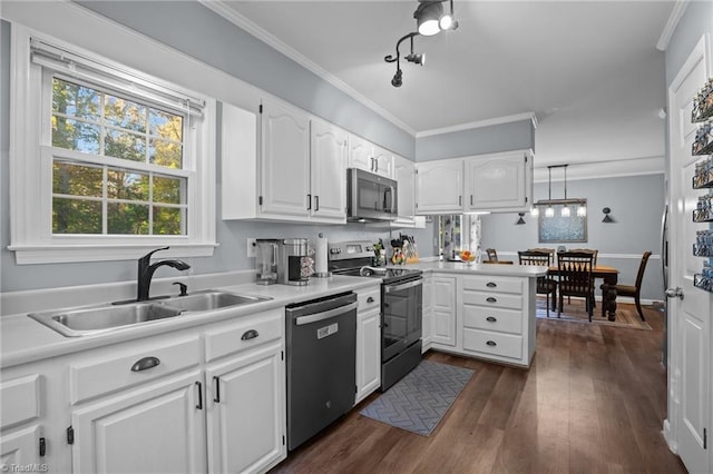 kitchen with dark wood-type flooring, white cabinetry, sink, and stainless steel appliances