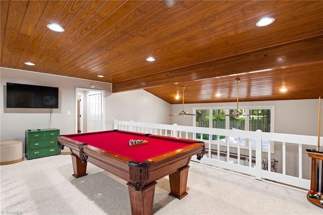 6404 Muirfield Dr, Greensboro, NC 27410 - rec room with wooden ceiling, carpet, a ceiling fan, recessed lighting, and billiards