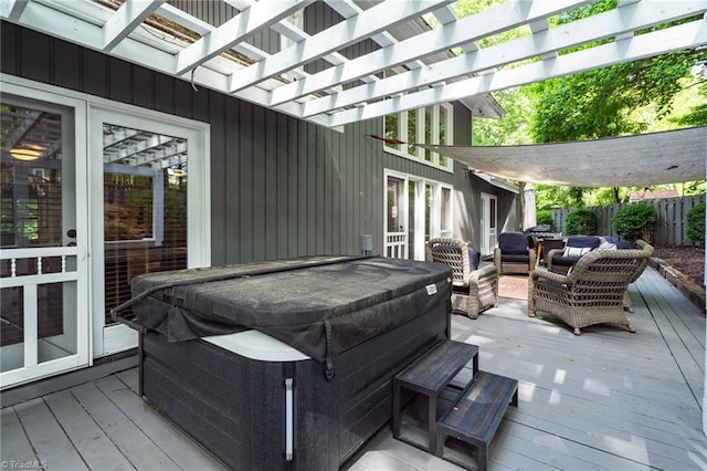 6404 Muirfield Dr, Greensboro, NC 27410 - wooden deck with a hot tub, a pergola, and an outdoor living space