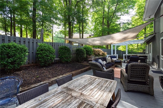 6404 Muirfield Dr, Greensboro, NC 27410 - fenced backyard featuring an outdoor living space, outdoor dining area, and a deck