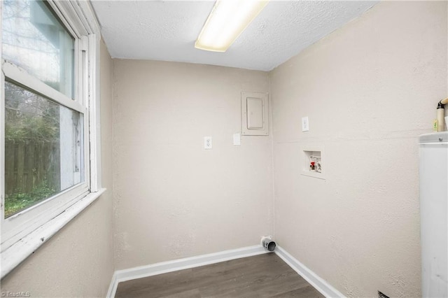 laundry area with baseboards, laundry area, hookup for a washing machine, wood finished floors, and a textured ceiling