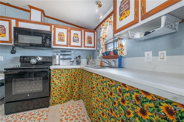 kitchen featuring light hardwood / wood-style flooring, vaulted ceiling, sink, black appliances, and ornamental molding