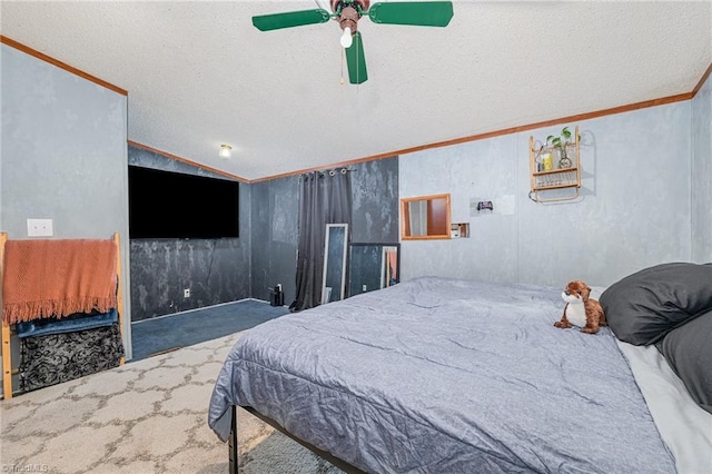 bedroom with lofted ceiling, carpet flooring, a textured ceiling, ceiling fan, and ornamental molding