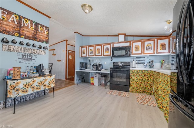 kitchen featuring vaulted ceiling, light wood-type flooring, a textured ceiling, crown molding, and black appliances