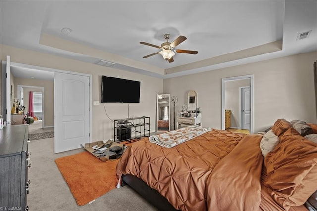 bedroom featuring a raised ceiling and light colored carpet