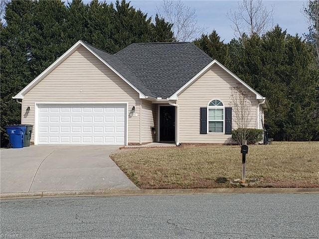 ranch-style home featuring a front lawn, a garage, driveway, and roof with shingles