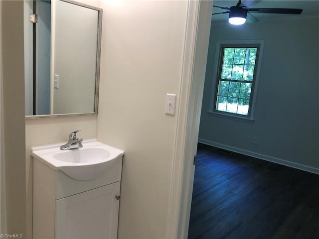 3960 Wards Gap, Cana, VA 24317 - bathroom with vanity, a ceiling fan, wood finished floors, and baseboards
