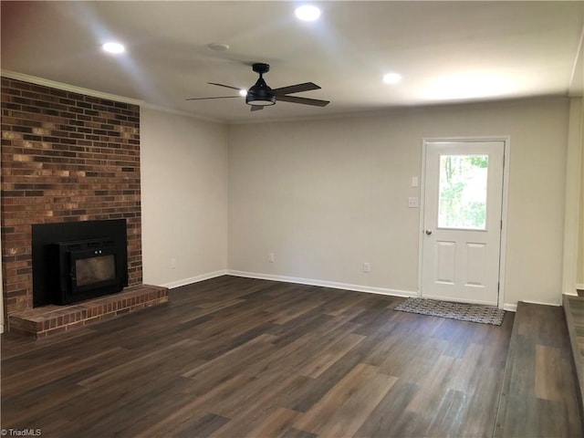 3960 Wards Gap, Cana, VA 24317 - unfurnished living room featuring a ceiling fan, dark wood finished floors, recessed lighting, baseboards, and a fireplace
