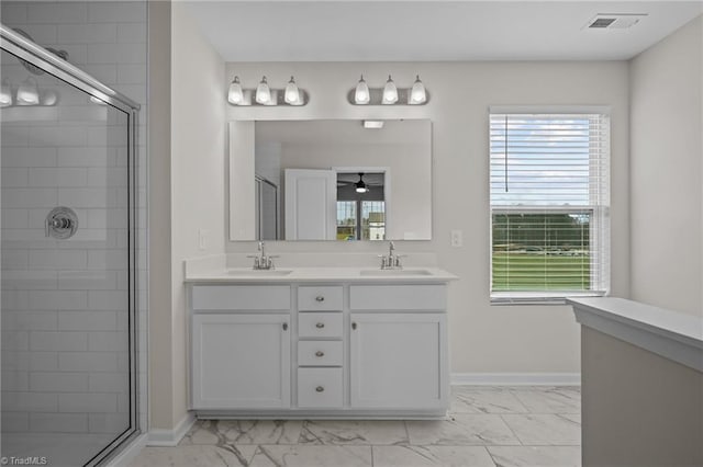 bathroom with vanity and walk in shower