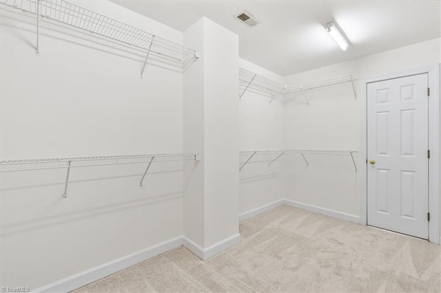 walk in closet with light colored carpet