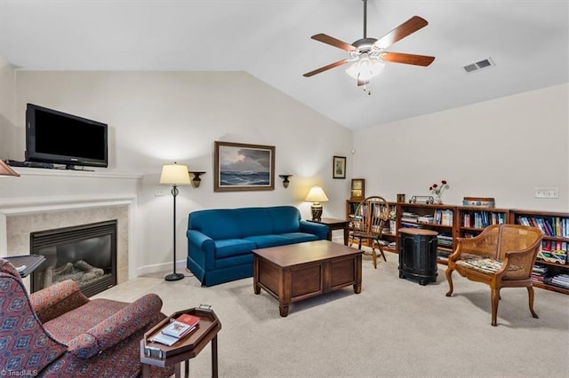 2105 Rosemont Dr, Colfax, NC 27235 - carpeted living room featuring ceiling fan, lofted ceiling, a fireplace, and baseboards