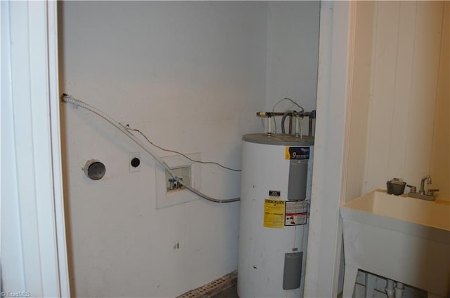 utility room featuring water heater and a sink