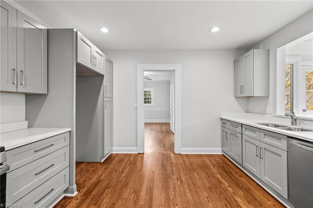 kitchen with a healthy amount of sunlight, sink, stainless steel dishwasher, and wood-type flooring