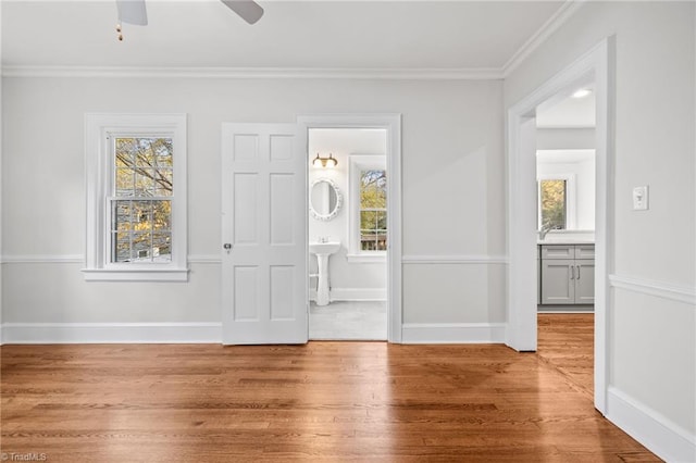 foyer featuring light wood-type flooring, ceiling fan, and ornamental molding