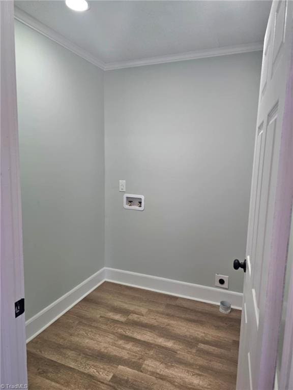 laundry room featuring laundry area, baseboards, dark wood-style floors, hookup for a washing machine, and crown molding