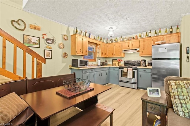 kitchen with light hardwood / wood-style flooring, a textured ceiling, appliances with stainless steel finishes, and gray cabinets