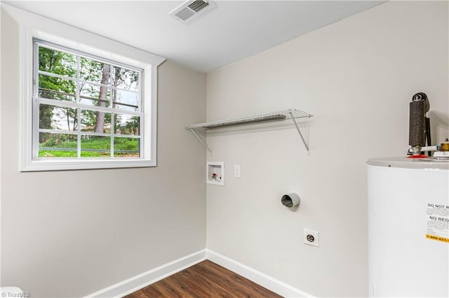 911 Chuppway Ct, Winston-Salem, NC 27106 - laundry area featuring water heater, hookup for an electric dryer, dark wood finished floors, and hookup for a washing machine