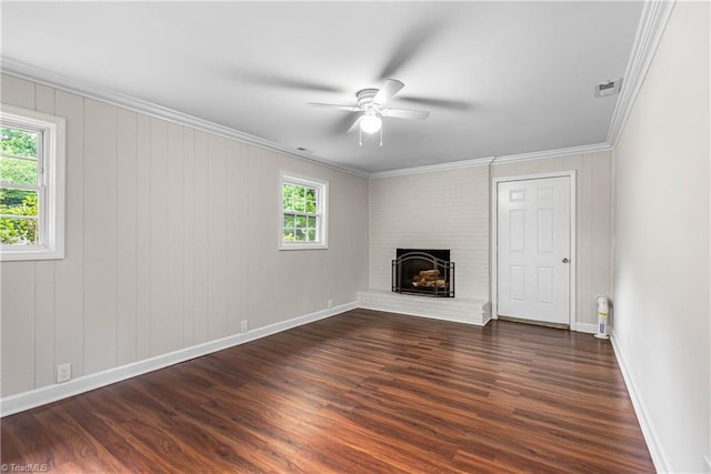 911 Chuppway Ct, Winston-Salem, NC 27106 - unfurnished living room with a ceiling fan, dark wood-style flooring, a brick fireplace, and crown molding