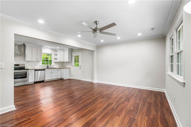 911 Chuppway Ct, Winston-Salem, NC 27106 - unfurnished living room with ceiling fan, dark wood-type flooring, recessed lighting, and ornamental molding