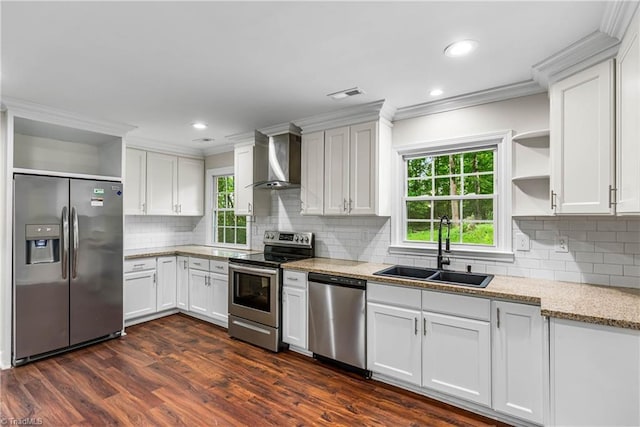 911 Chuppway Ct, Winston-Salem, NC 27106 - kitchen with stainless steel appliances, open shelves, wall chimney exhaust hood, white cabinets, and ornamental molding