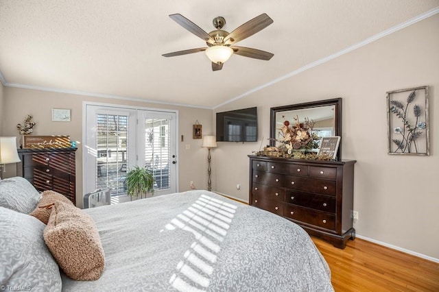 bedroom with access to exterior, ceiling fan, crown molding, and light wood-type flooring