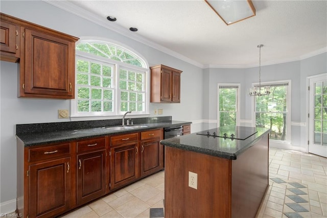 kitchen featuring a center island, black electric cooktop, a sink, and a wealth of natural light