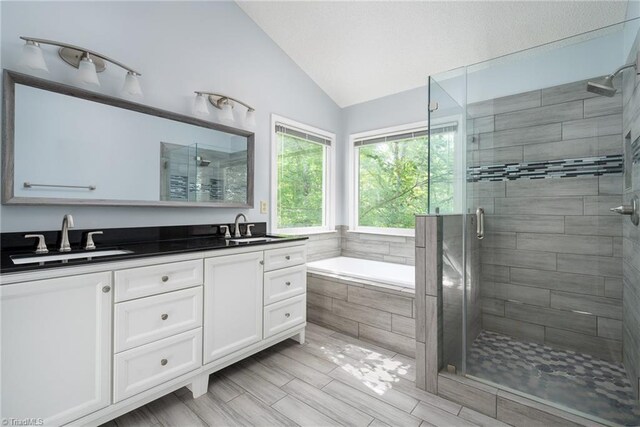 full bath with a shower stall, lofted ceiling, and a sink