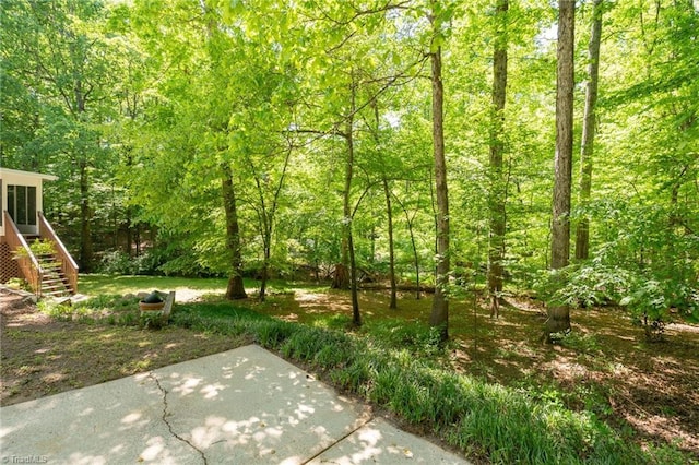 view of yard featuring stairs, a patio, and a view of trees