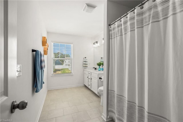 bathroom with visible vents, tile patterned flooring, vanity, baseboards, and toilet
