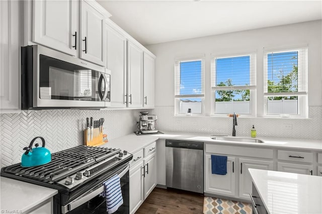 kitchen featuring decorative backsplash, appliances with stainless steel finishes, a sink, light countertops, and a wealth of natural light