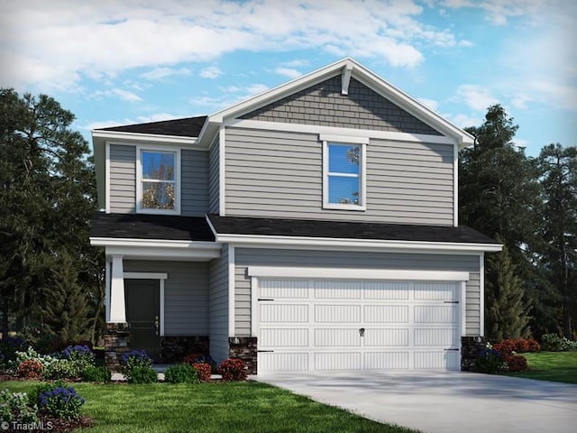 view of front facade with a garage, concrete driveway, stone siding, and a front yard