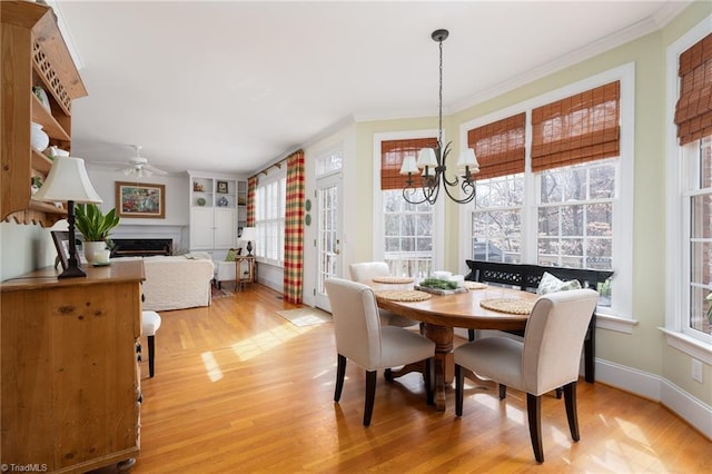 dining space featuring ornamental molding, ceiling fan with notable chandelier, light wood-style floors, a fireplace, and baseboards