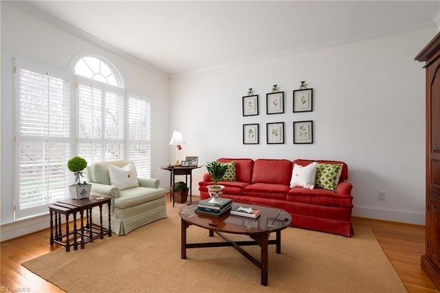 living room with a wealth of natural light, light wood finished floors, and ornamental molding