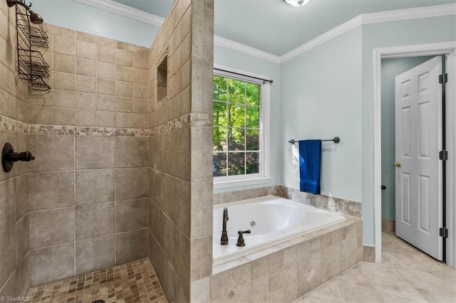 bathroom with crown molding, a tub with jets, tiled shower, and tile patterned flooring