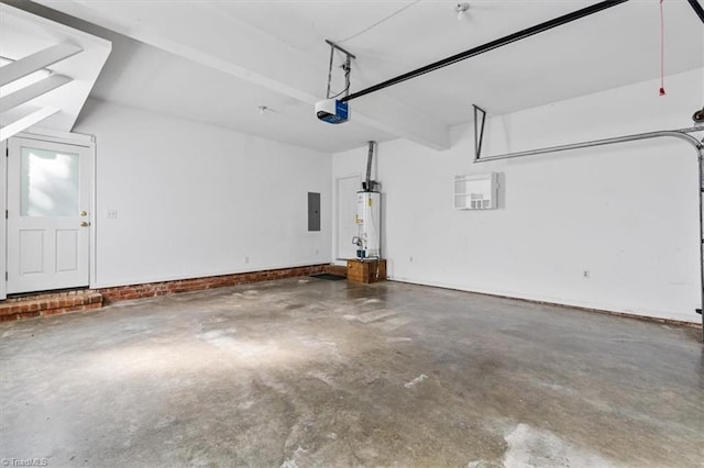 garage featuring electric panel, a garage door opener, and gas water heater