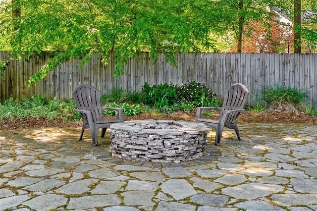 view of patio / terrace with a fenced backyard and a fire pit