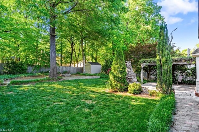 view of yard featuring an outbuilding, fence private yard, a patio area, and a storage unit