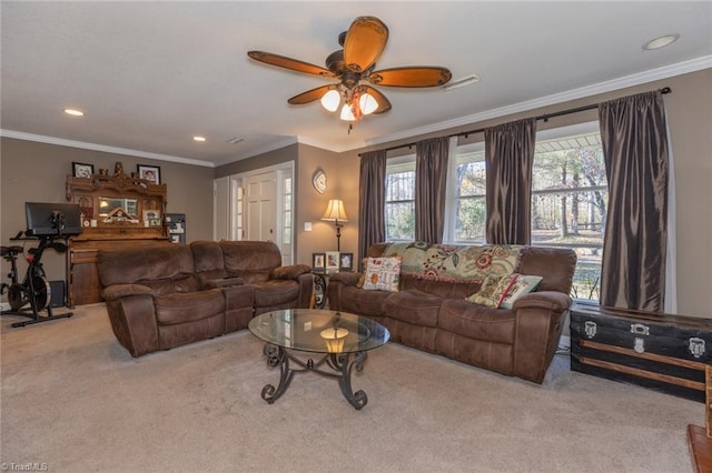 7715 W NC Highway 268, Wilkesboro, NC 28697 - living area featuring carpet floors, a ceiling fan, ornamental molding, and recessed lighting