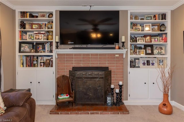7715 W NC Highway 268, Wilkesboro, NC 28697 - living area featuring carpet, a fireplace with raised hearth, ornamental molding, and built in shelves