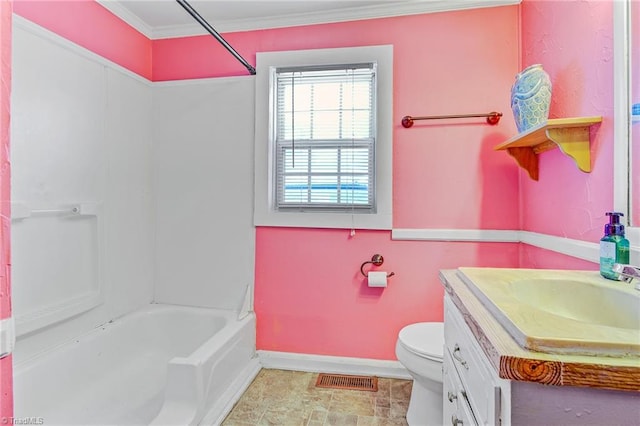 full bathroom featuring shower / bathtub combination, crown molding, vanity, and toilet