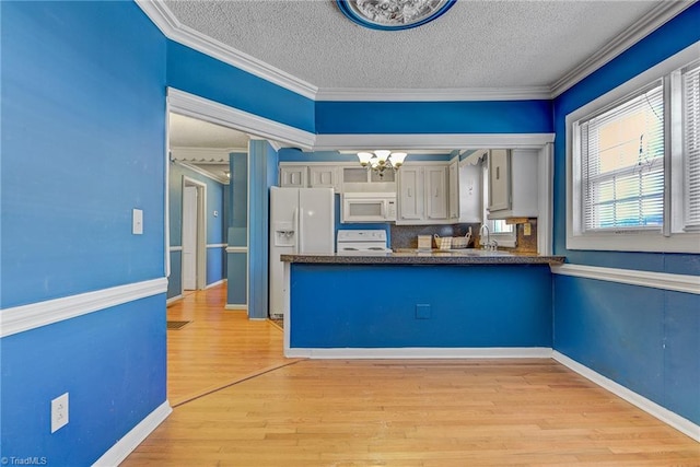 kitchen with ornamental molding, light wood-type flooring, white appliances, and a textured ceiling