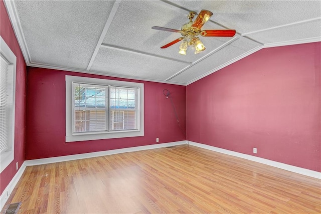 bonus room featuring ceiling fan, vaulted ceiling, wood-type flooring, and a textured ceiling