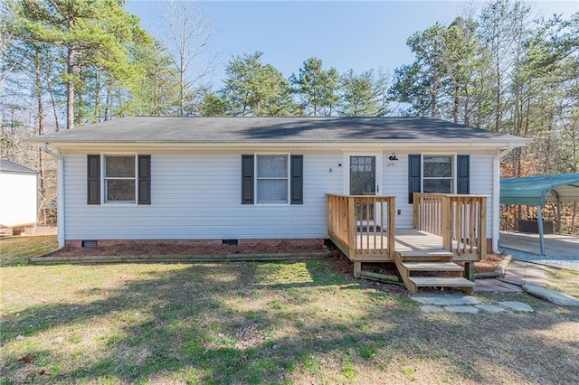 view of front of property featuring a front yard, a wooden deck, a carport, and crawl space