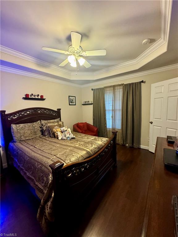 bedroom featuring a tray ceiling, ceiling fan, crown molding, and dark wood-type flooring