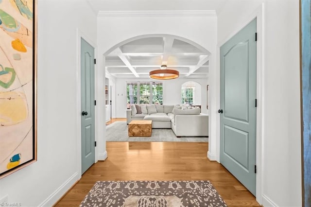 320 N Club Dr, Asheboro, NC 27205 - hallway featuring coffered ceiling, arched walkways, wood finished floors, ornamental molding, and beamed ceiling