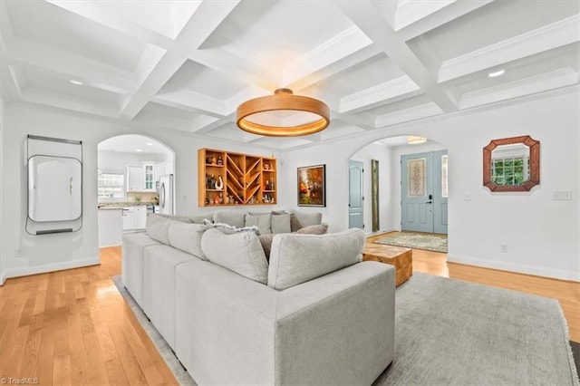 320 N Club Dr, Asheboro, NC 27205 - living room featuring arched walkways, light wood-style floors, coffered ceiling, beam ceiling, and recessed lighting
