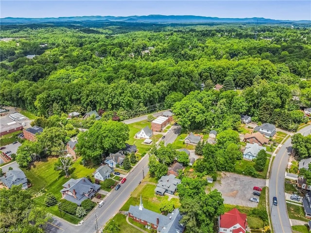 aerial perspective of suburban area featuring a heavily wooded area and a mountainous background