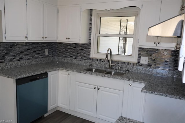 kitchen with decorative backsplash, stainless steel dishwasher, sink, dark stone countertops, and white cabinets